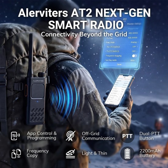 ALERVITES ασύρματος πομποδέκτης AT2, 2W, UHF 400-480MHz, Bluetooth, γκρι
