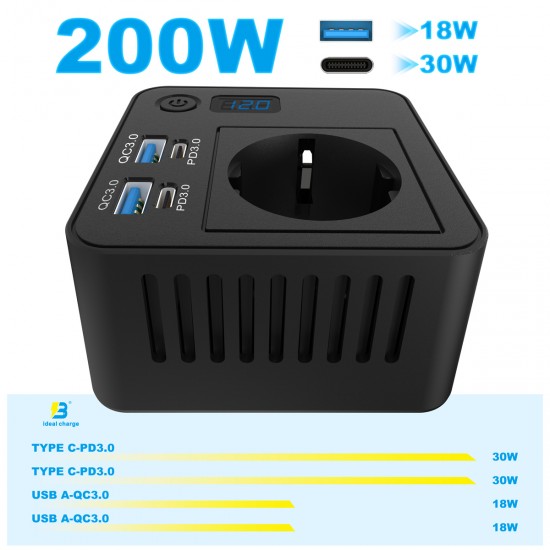 POWERTECH inverter αυτοκινήτου PTL-028, 200W, 12V/24V DC σε 110V/220V AC, με 2x USB-C/2x USB