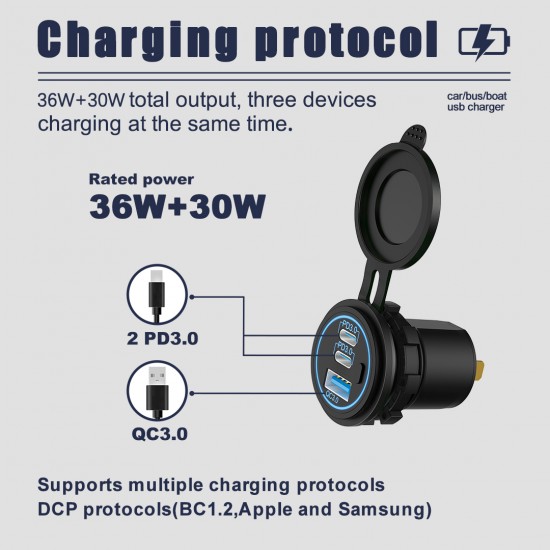 POWERTECH πρίζα USB για σκάφη & οχήματα PTL-030, USB & 2x USB-C, 36W, IP65