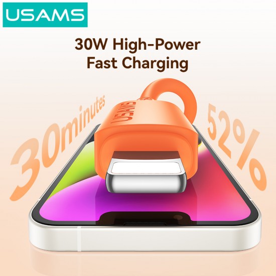 USAMS καλώδιο Lightning σε USB-C SJ788, σιλικόνης, 30W, 480Mbps, 1m, πορτοκαλί