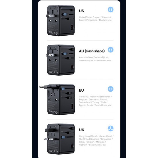 USAMS φορτιστής/αντάπτορας πρίζας CC334, USB & 3x USB-C, universal, 100W, GaN, μαύρος