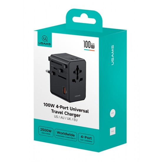 USAMS φορτιστής/αντάπτορας πρίζας CC334, USB & 3x USB-C, universal, 100W, GaN, μαύρος