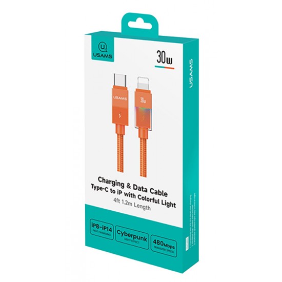 USAMS καλώδιο Lightning σε USB-C SJ776, 30W, 480Mbps, 1.2m, πορτοκαλί