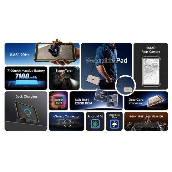 ULEFONE tablet RugKing Pad Pro, 8.68", 8/128GB, 7100mAh, IP68/IP69K/MIL-STD-810H, 4G, μαύρο