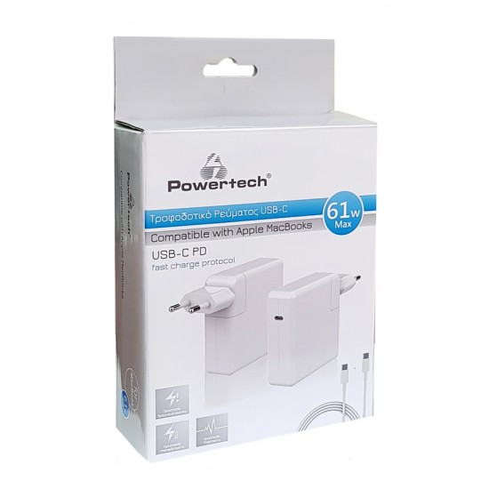 POWERTECH φορτιστής laptop PT-704 για Apple, USB Type-C PD, 61W, λευκός