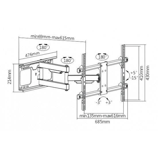 BRATECK επιτοίχια βάση τηλεόρασης LPA49-463D, 37-70", 60kg, heavy duty, full motion