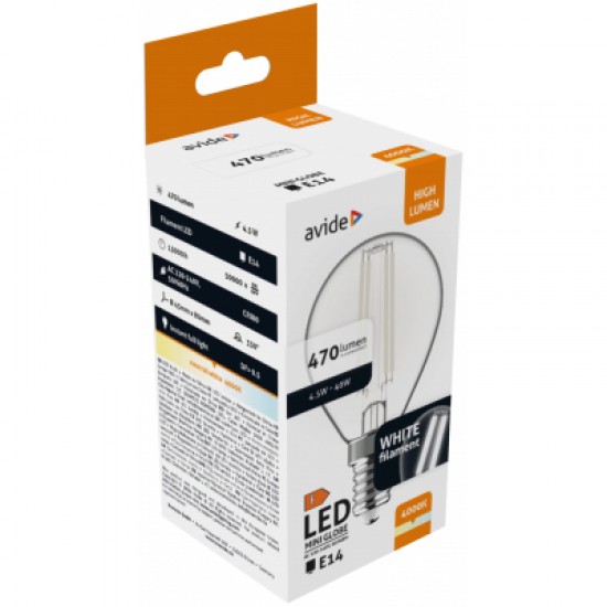 Avide LED White Filament Mini Σφαιρική 4.5W E14 NW 4000K