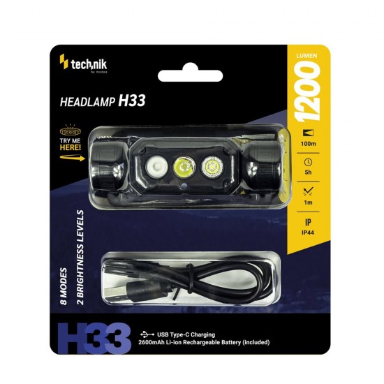 Technik Φακός Κεφαλής H33 SST20 LED Επαναφορτιζόμενος USB-C με Ενσωματωμένη Μπαταρία 1200lm