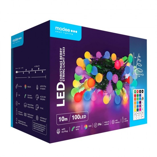 Modee Χριστουγεννιάτικα Λαμπάκια LED Τύπου Berry με Βύσμα & Τηλεχειριστήριο (100LED/10m/10cm) RGB