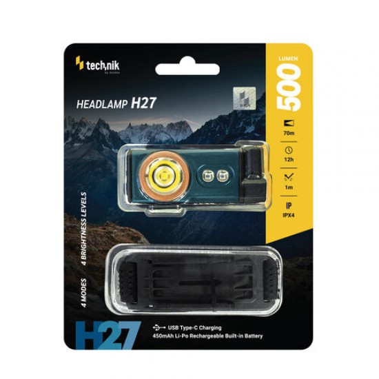 Technik H27 Επαναφορτιζόμενος Φακός Κεφαλής LED USB Type-C IPX4 500 lm