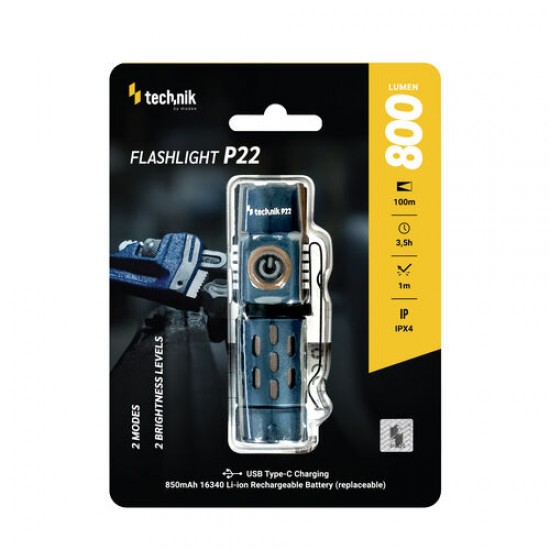 Technik P22 Φακός Χειρός LED Επαναφορτιζόμενος USB Type-C 800 lm