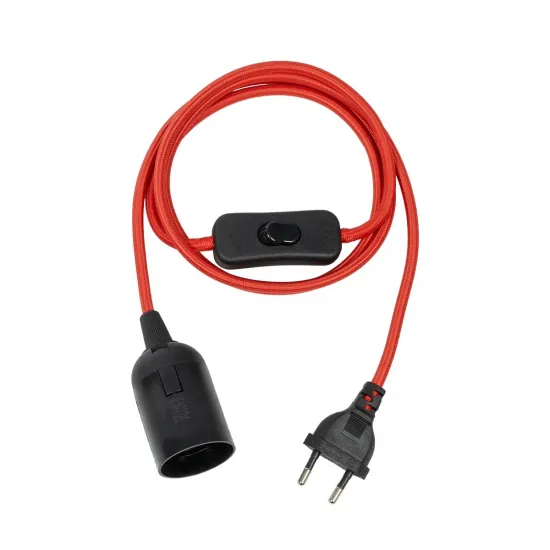 GLOBOSTAR® WHIP 77666 Μοντέρνο DIY Φωτιστικό με Υφασμάτινο Καλώδιο, Ντουί 1 x E27, Διακόπτη On/Off & Πρίζα AC 220-240V IP20 - Κόκκινο & Μαύρο - Μ150 x Π4 x Υ4cm