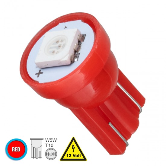 GLOBOSTAR® W5W-T10 81045 Λάμπα W5W T10 LED 0.12W 12lm 120° DC 12V IP20 Κόκκινο - 1 x Epistar SMD5050 Chip - Μ1.1 x Π1.1 x Υ1.7cm - 1 Χρόνο Εγγύηση