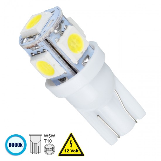 GLOBOSTAR® W5W-T10 81050 Λάμπα W5W T10 LED 0.48W 100lm 360° DC 12V IP20 Ψυχρό Λευκό 6000K - 5 x Epistar SMD5050 Chip - Μ1.2 x Π1.2 x Υ2.7cm - 1 Χρόνο Εγγύηση