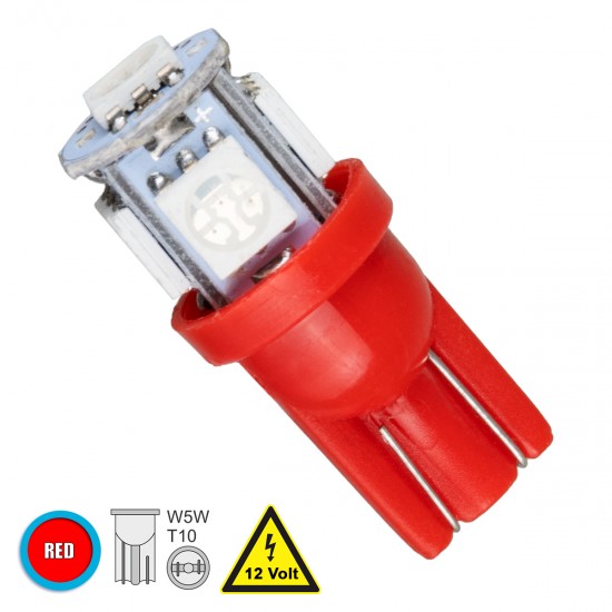 GLOBOSTAR® W5W-T10 81051 Λάμπα W5W T10 LED 0.36W 45lm 360° DC 12V IP20 Κόκκινο - 5 x Epistar SMD5050 Chip - Μ1.2 x Π1.2 x Υ2.7cm - 1 Χρόνο Εγγύηση