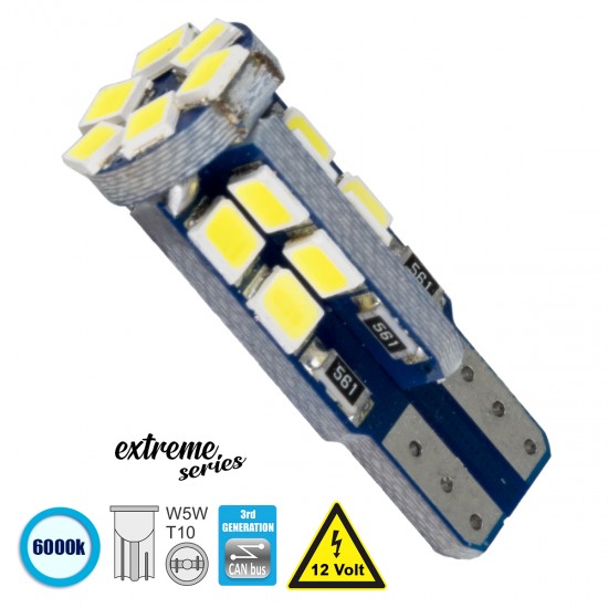 GloboStar® T10 W5W 81103 Λάμπα Αυτοκίνητου  3rd Generation Can-Bus Extreme Series LED 22 SMD 2835 3.2W 440lm 360° DC 12V IP20 Ψυχρό Λευκό 6000K