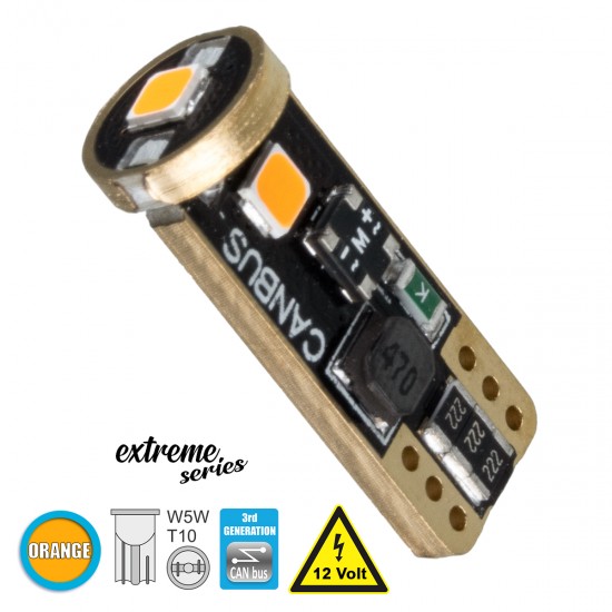 GloboStar® T10 W5W 81117 Λάμπα Αυτοκίνητου  3rd Generation Can-Bus Extreme Series LED 3 SMD 3030 2W 150lm 360° DC 12V IP20 Πορτοκαλί