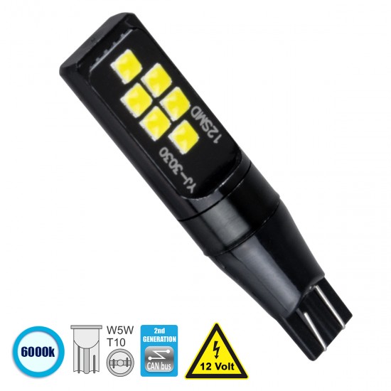 GloboStar® T10 W5W 81121 Λάμπα Αυτοκίνητου  2nd Generation Can-Bus Series LED 12 SMD 3030 3W 440lm 360° DC 12V IP20 Ψυχρό Λευκό 6000K