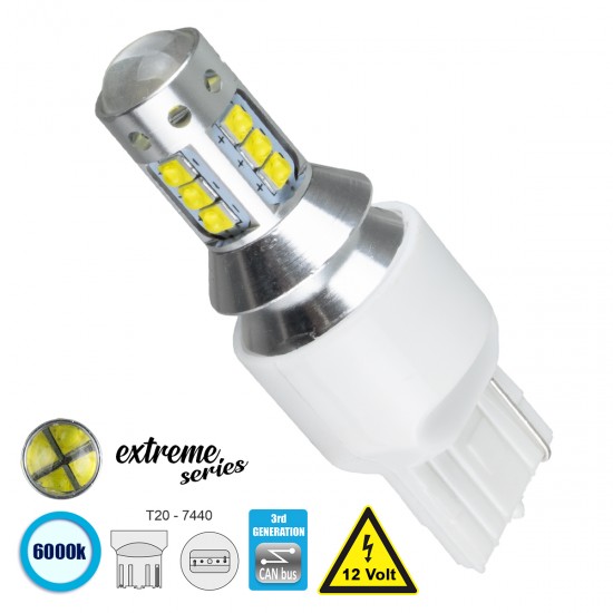 GloboStar® 81165 Λάμπα Αυτοκίνητου T20 - 7440 - W21W 3rd Generation Can-Bus Extreme Series LED 16 CREE XBD 5.4W 760lm 360° DC 12V IP20 Ψυχρό Λευκό 6000K