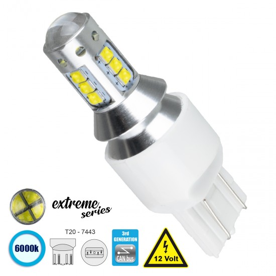 GloboStar® 81166 Λάμπα Αυτοκίνητου T20 - 7443 - W21/5W 3rd Generation Can-Bus Extreme Series LED 16 CREE XBD 5.4W 760lm 360° DC 12V IP20 Ψυχρό Λευκό 6000K