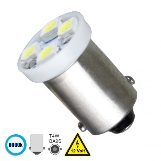 GLOBOSTAR® BA9S-T4W 81283 Λάμπα Ba9S T4W LED 0.15W 32lm 120° DC 12V IP20 Ψυχρό Λευκό 6000K - 4 x Epistar SMD1210 Chip - Μ1.1 x Π1.1 x Υ1.6cm - 1 Χρόνο Εγγύηση