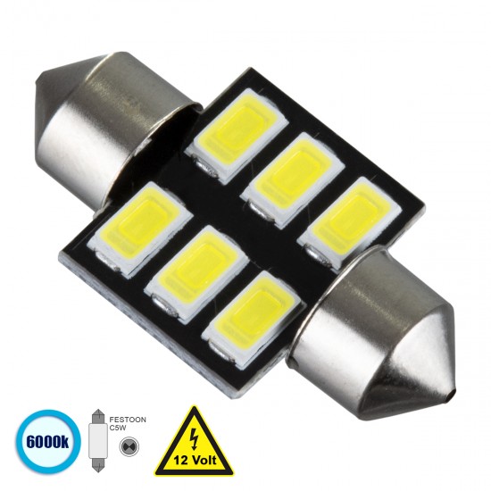GloboStar® C5W 81305 Λάμπα Αυτοκίνητου 31mm FESTOON - LED 6 SMD 5630 0,72W 240lm 120° DC 12V IP20 Ψυχρό Λευκό 6000K