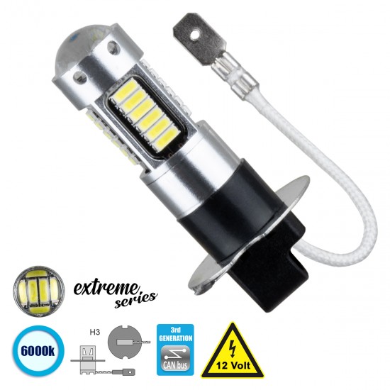 GLOBOSTAR® H3 81412 Λάμπα H3 CANbus LED 2.8W 300lm 360° DC 12V IP20 Ψυχρό Λευκό 6000K - 30 x Epistar SMD4014 Chip - Μ2.2 x Π2.1 x Υ4.6cm - 1 Χρόνο Εγγύηση