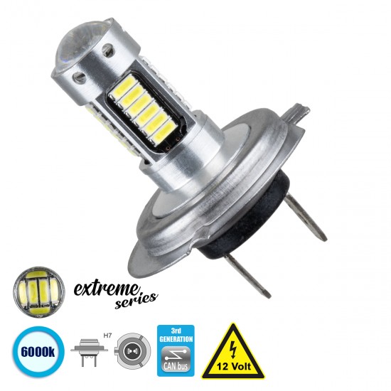GloboStar® 81414 Λάμπα Αυτοκίνητου H7 3rd Generation Can-Bus Extreme Series LED 30 SMD 4014 2.8W 300lm 360° DC 12V IP20 Ψυχρό Λευκό 6000K