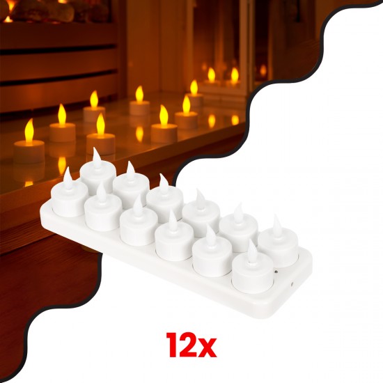 GLOBOSTAR® FIREFLAME 79565 Διακοσμητικά Κεράκια Ρεσώ με Εφέ Κινούμενης Φλόγας & Βάση Φόρτισης LED 0.2W 5lm 180° DC 1.2V με 12x Επαναφορτιζόμενες Μπαταρίες Ni-MH IP20 Θερμό Λευκό 2700K - Λευκό - Μ3.9 x Π3.9 x Υ4.9cm - Πακέτο 12 Τεμαχίων - 2 Χρόνια Εγγύηση