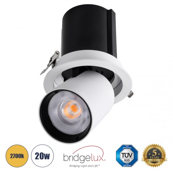 GLOBOSTAR® VIRGO-B 60311 Χωνευτό Κινούμενο Downlight Σποτ LED 20W 2500lm 36° AC 220-240V IP20 Θερμό Λευκό 2700K - Bridgelux COB Chip & TÜV SÜD Driver - Λευκό & Μαύρο Ματ - Μ13.5 x Π13.5 x Υ14cm / Q11.5cm - 5 Χρόνια Εγγύηση