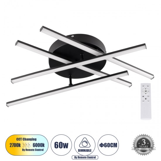 GLOBOSTAR® DRACO 61095 Μοντέρνο Φωτιστικό Οροφής LED 60W 7380lm 120° AC 220-240V IP20 Ρυθμιζόμενο Λευκό CCT με Χειριστήριο από 2700K έως 6000K Dimmable - Lumileds SMD Chip - Μαύρο Ματ - Μ60 x Π60 x Υ11cm - 3 Χρόνια Εγγύηση