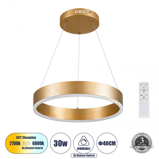 GLOBOSTAR® VENOM 61175 Μοντέρνο Κρεμαστό Φωτιστικό Οροφής LED 30W 3513lm 120° AC 220-240V IP20 Ρυθμιζόμενο Λευκό CCT με Χειριστήριο από 2700K έως 6000K Dimmable - Lumileds SMD Chip - Χρυσό Βούρτσας - Μ40 x Π40 x Υ6.5cm - 3 Χρόνια Εγγύηση