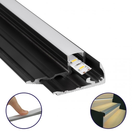 GLOBOSTAR® ALP-STEP-GRIP STAIR 70841-2M Επιφανειακό Προφίλ Αλουμινίου Ειδικό για Φωτισμό Σκαλοπατιού με Λευκό Γαλακτερό Πατητό Κάλυμμα για Ταινίες LED IP20 - Μαύρο & Λευκό - Μ200 x Π6 x Υ2.1cm