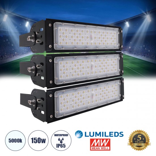GLOBOSTAR® GOLIATH 90100-3 Προβολέας για Γήπεδα Tennis & Ποδοσφαίρου 5x5 LED 150W 22500lm 75°x135° SDCM<5 Fish Eye Lens AC 220-240V Αδιάβροχο IP65 IK08 Φυσικό Λευκό 5000K - Lumileds SMD Chip & Mean Well Driver - Μαύρο Ματ - Μ32 x Π12 x Υ27cm - 5 Χρόνια Εγγύηση