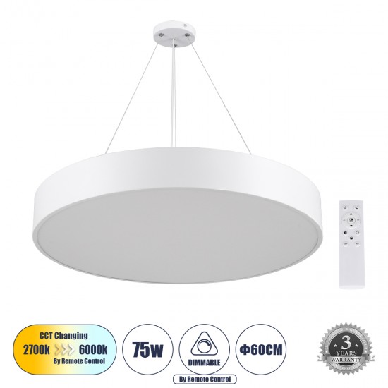 GLOBOSTAR® BURTON 61203 Μοντέρνο Κρεμαστό Φωτιστικό Οροφής LED 75W 7500lm 120° AC 220-240V IP20 Ρυθμιζόμενο Λευκό CCT με Χειριστήριο από 2700K έως 6000K Dimmable - Lumileds SMD Chip - Λευκό Ματ - Μ60 x Π60 x Υ8cm - 3 Χρόνια Εγγύηση