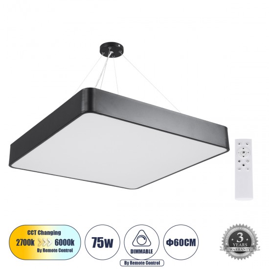 GLOBOSTAR® KAMALA 61208 Μοντέρνο Κρεμαστό Φωτιστικό Οροφής LED 75W 8625lm 120° AC 220-240V IP20 Ρυθμιζόμενο Λευκό CCT με Χειριστήριο από 2700K έως 6000K Dimmable - Lumileds SMD Chip - Μαύρο Ματ - Μ60 x Π60 x Υ8cm - 3 Χρόνια Εγγύηση