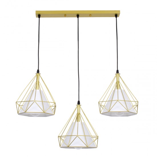 GLOBOSTAR® EIFFEL 61571 Vintage Κρεμαστό Φωτιστικό Οροφής με Ντουί 3 x E27 AC 220-240V IP20 - Χρυσό & Λευκό - Μ68 x Π25 x Υ130cm