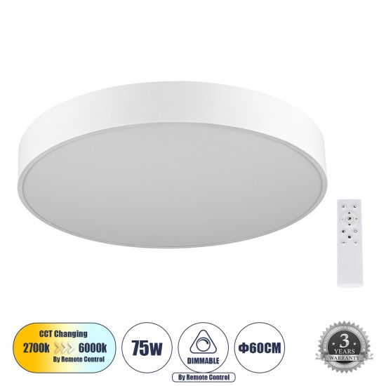 GLOBOSTAR® BURTON 61203-S Μοντέρνο Φωτιστικό Οροφής LED 75W 7500lm 120° AC 220-240V IP20 Ρυθμιζόμενο Λευκό CCT με Χειριστήριο από 2700K έως 6000K Dimmable - Lumileds SMD Chip - Λευκό Ματ - Μ60 x Π60 x Υ8cm - 3 Χρόνια Εγγύηση