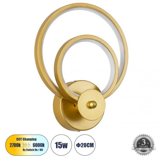GLOBOSTAR® FREDDIE 61078 Μοντέρνο Φωτιστικό Τοίχου - Απλίκα LED 15W 1080lm 300° AC 220-240V IP20 Ρυθμιζόμενο Λευκό CCT με On/Off 2700K/4500K/6000K - Lumileds SMD Chip - Χρυσό Βούρτσας - Μ20 x Π7.5 x Υ25cm - 3 Χρόνια Εγγύηση