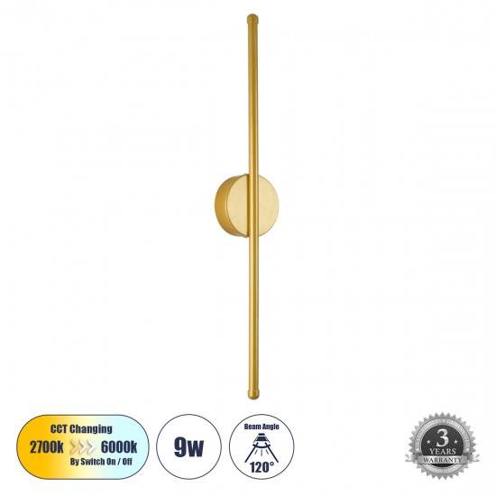 GLOBOSTAR® DIADEM 61330 Μοντέρνο Φωτιστικό Τοίχου - Απλίκα LED 9W 900lm 120° AC 220-240V IP20 Ρυθμιζόμενο Λευκό CCT με On/Off 2700K/4500K/6000K - Lumileds SMD Chip - Σατινέ Χρυσό Βούρτσας - Μ10 x Π4 x Υ60cm - 3 Χρόνια Εγγύηση