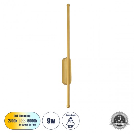 GLOBOSTAR® HARLEM 61332 Μοντέρνο Φωτιστικό Τοίχου - Απλίκα LED 9W 1080lm 120° AC 220-240V IP20 Ρυθμιζόμενο Λευκό CCT με On/Off 2700K/4500K/6000K - Lumileds SMD Chip - Χρυσό Βούρτσας - Μ5 x Π4 x Υ60cm - 3 Χρόνια Εγγύηση