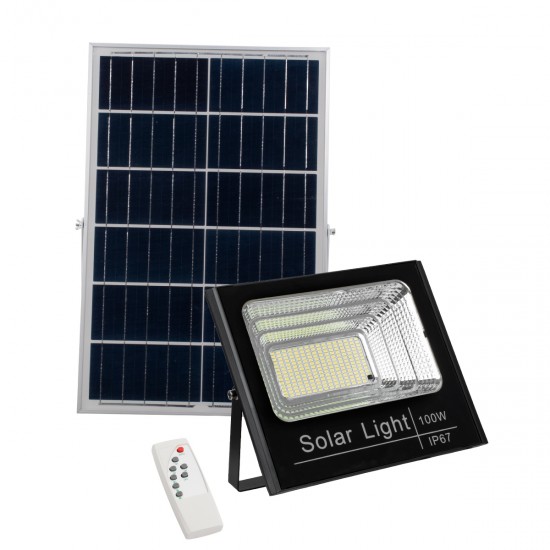 GLOBOSTAR® HERMES 71557 Προβολέας με IR Ασύρματο Χειριστήριο LED 100W 5000lm 120° DC 5V με Φωτοβολταϊκό Panel 5V 20W & Επαναφορτιζόμενη Μπαταρία Li-ion 3.2V 15000mAh Αδιάβροχο IP66 Ψυχρό Λευκό 6000K Dimmable - Sanan SMD Chip - Μαύρο - Μ31.5 x Π26.2 x Υ7.5cm - 2 Χρόνια Εγγύηση