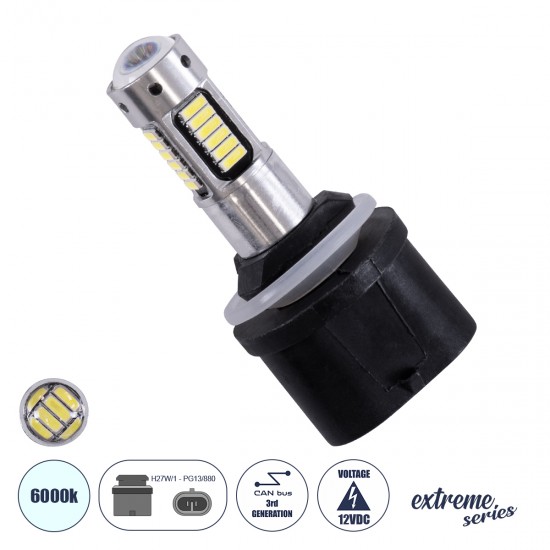 GLOBOSTAR® H27W/1 81455 Λάμπα H27W/1 PG13/880 CANbus LED 2.8W 300lm 360° DC 12V IP20 Ψυχρό Λευκό 6000K - 30 x Epistar SMD4014 Chip - Μ2.6 x Π2.6 x Υ5.7cm - 1 Χρόνο Εγγύηση