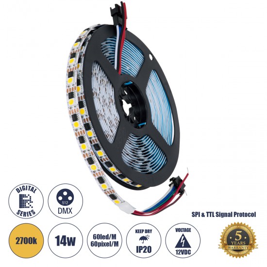GLOBOSTAR® DIGIPRO 90603 Ψηφιακή Pixel Addressable Ταινία LED 14.4W/m 1296lm/m 120° DC 12V IP20 60 x SMD5050 Chip/m 60 x Pixel/m Θερμό Λευκό 2700K Dimmable SPI/TTL Protocol IC TM1908 - Sanan SMD Chip - Μ500 x Π1 x Υ0.2cm - Ρολό 5 Μέτρων - 5 Χρόνια Εγγύηση