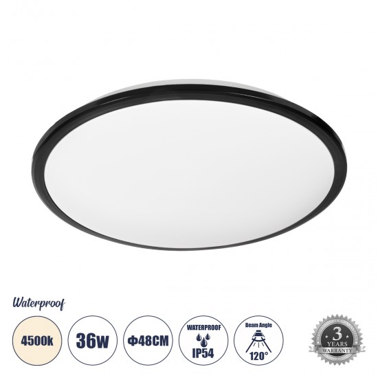 GLOBOSTAR® TUFFIN 60999 Φωτιστικό Πλαφονιέρα Οροφής LED 36W 3420lm 120° AC 220-240V Αδιάβροχο IP54 Φυσικό Λευκό 4500K - Lumileds SMD Chip - Μαύρο Ματ & Λευκό Γαλακτερό - Μ48 x Π48 x Υ6.5cm - 3 Χρόνια Εγγύηση