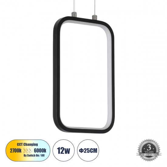 GLOBOSTAR® DEROBA 61298 Μοντέρνο Κρεμαστό Φωτιστικό Οροφής LED 12W 1320lm 360° AC 220-240V IP20 Ρυθμιζόμενο Λευκό CCT με On/Off 2700K/4500K/6000K - Lumileds SMD Chip - Μαύρο Ματ - Μ16 x Π1.6 x Υ25.5cm - 3 Χρόνια Εγγύηση
