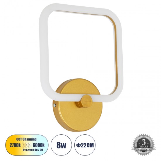 GLOBOSTAR® ELIZA 61344 Μοντέρνο Φωτιστικό Τοίχου - Απλίκα LED 8W 960lm 360° AC 220-240V IP20 Ρυθμιζόμενο Λευκό CCT με On/Off 2700K/4500K/6000K - Lumileds SMD Chip - Χρυσό - Μ22 x Π5 x Υ28.5cm - 3 Χρόνια Εγγύηση