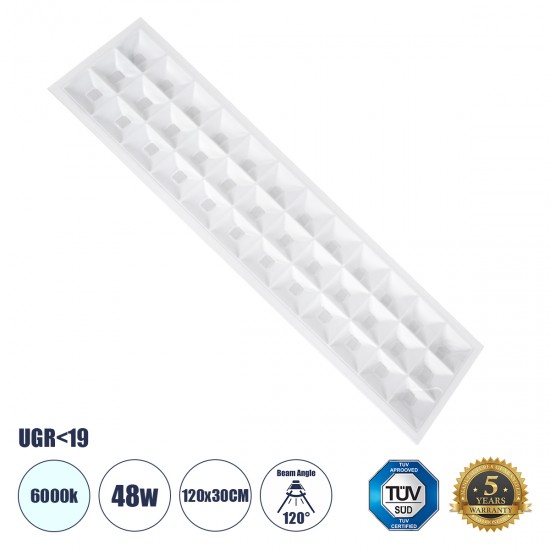 GLOBOSTAR® ZEUS 60971 Χωνευτό Panel Οροφής 120x30 με Anti Glare Reflector LED 48W 7440lm 120° CRI≥85Ra UGR<19 AC 220-240V IP20 Ψυχρό Λευκό 6000K - Lumileds SMD Chip & TÜV SÜD Driver - Λευκό Γαλακτερό - Μ120 x Π30 x Υ3.3cm / Q116 x 26cm - 5 Χρόνια Εγγύηση