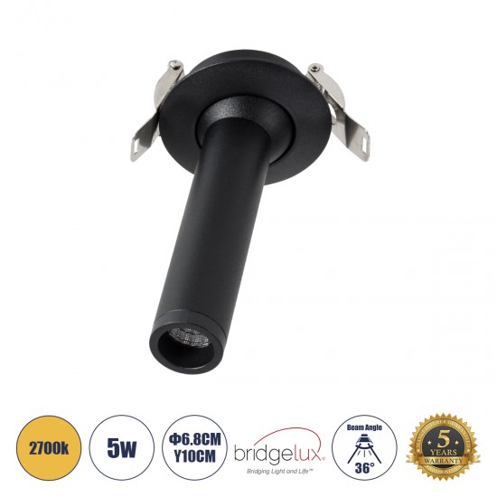 GLOBOSTAR® DALE 60371 Χωνευτό Κινούμενο Downlight Σποτ LED 5W 500lm 36° AC 220-240V IP20 Θερμό Λευκό 2700K - Bridgelux COB Chip & TÜV SÜD Driver - Μαύρο Ματ - Μ6.4 x Π6.4 x Υ10cm / Q5.5cm - 5 Χρόνια Εγγύηση