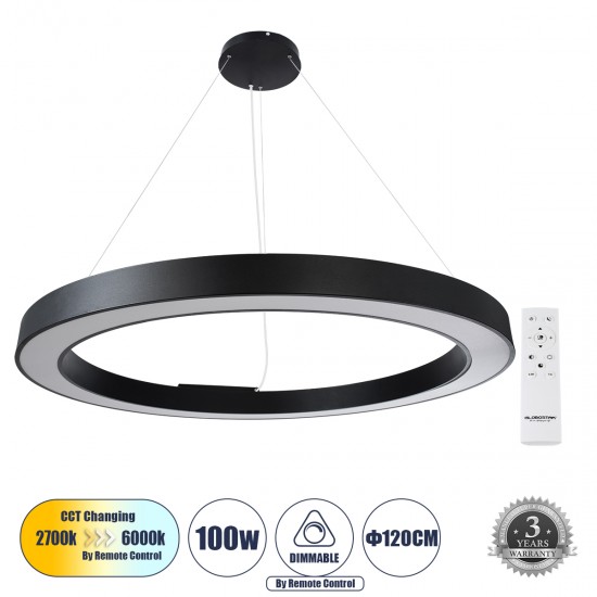 GLOBOSTAR® RA 61198 Μοντέρνο Κρεμαστό Φωτιστικό Οροφής LED 100W 11020lm 120° AC 220-240V IP20 Ρυθμιζόμενο Λευκό CCT με Χειριστήριο από 2700K έως 6000K Dimmable - Lumileds SMD Chip - Μαύρο Ματ - Μ120 x Π120 x Υ8cm - 3 Χρόνια Εγγύηση
